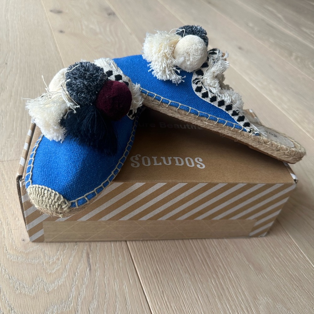 Soludos Blue Espadrille Slippers with Pom Poms